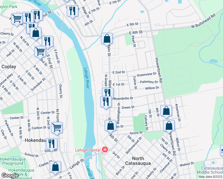 map of restaurants, bars, coffee shops, grocery stores, and more near 29 Main Street in Northampton