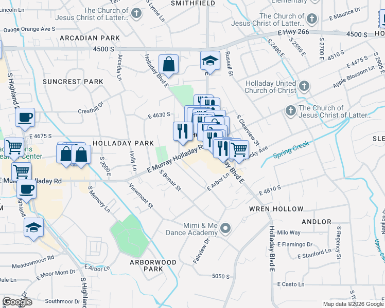 map of restaurants, bars, coffee shops, grocery stores, and more near 2237 East Murray Holladay Road in Holladay
