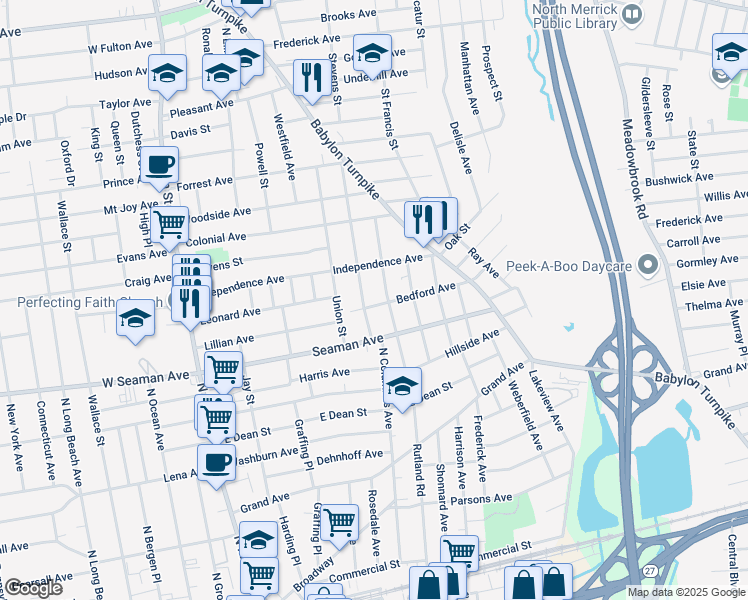 map of restaurants, bars, coffee shops, grocery stores, and more near 280 North Columbus Avenue in Freeport