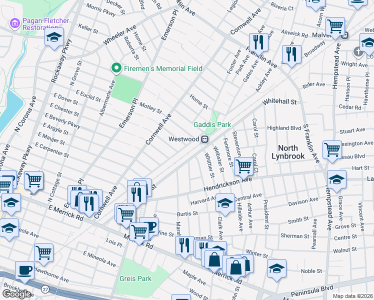 map of restaurants, bars, coffee shops, grocery stores, and more near 329 East Euclid Street in Malverne