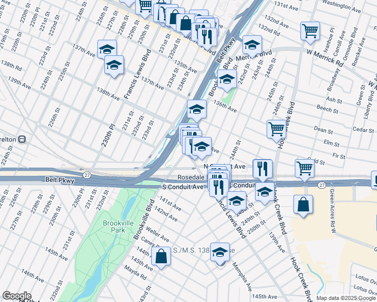 map of restaurants, bars, coffee shops, grocery stores, and more near 13823 Brookville Boulevard in Queens