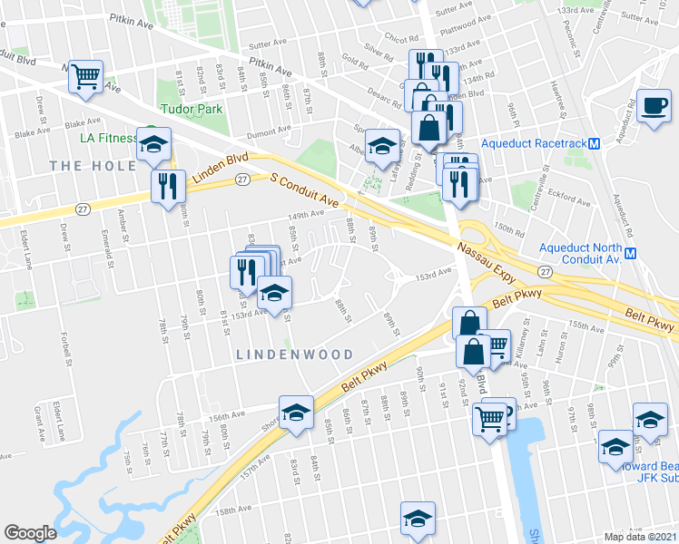 map of restaurants, bars, coffee shops, grocery stores, and more near 151-20 88th Street in Queens