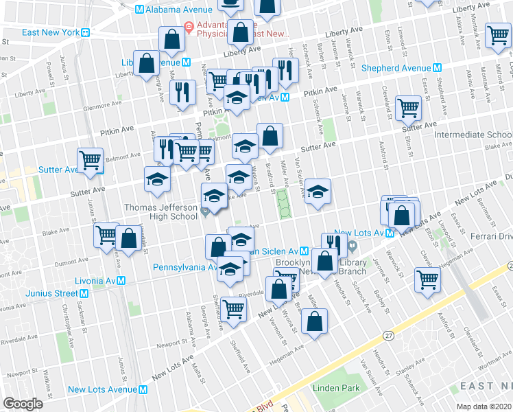 map of restaurants, bars, coffee shops, grocery stores, and more near 435 Wyona Street in Brooklyn