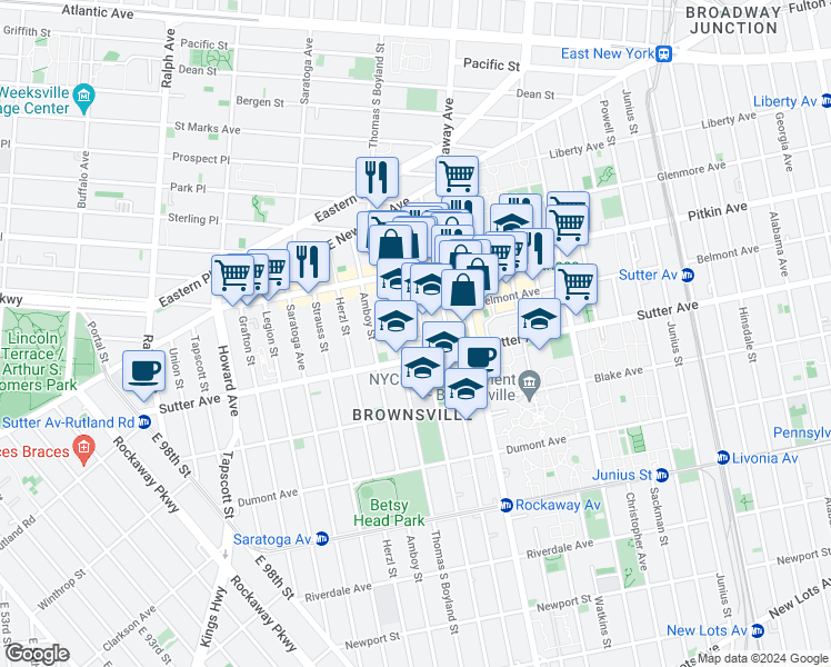 map of restaurants, bars, coffee shops, grocery stores, and more near 136 Bristol Street in Brooklyn
