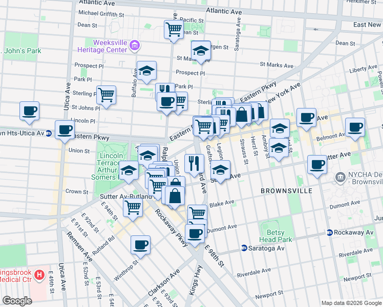 map of restaurants, bars, coffee shops, grocery stores, and more near 1466 Pitkin Avenue in Brooklyn