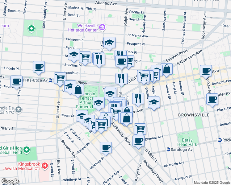 map of restaurants, bars, coffee shops, grocery stores, and more near 1370 Eastern Parkway in Brooklyn