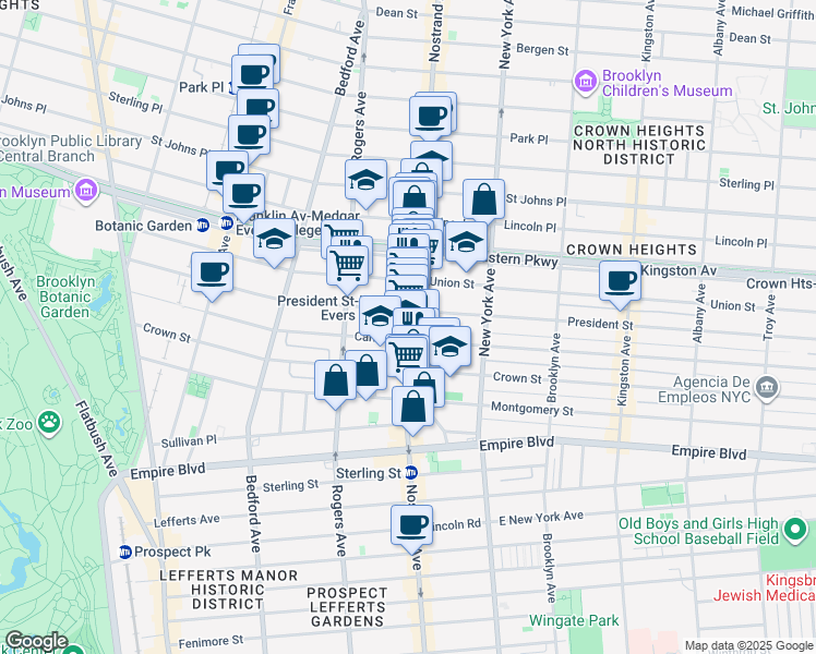 map of restaurants, bars, coffee shops, grocery stores, and more near 1180 President Street in Brooklyn