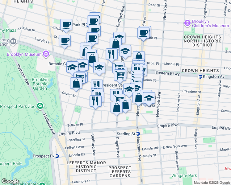 map of restaurants, bars, coffee shops, grocery stores, and more near 1102 President Street in Brooklyn