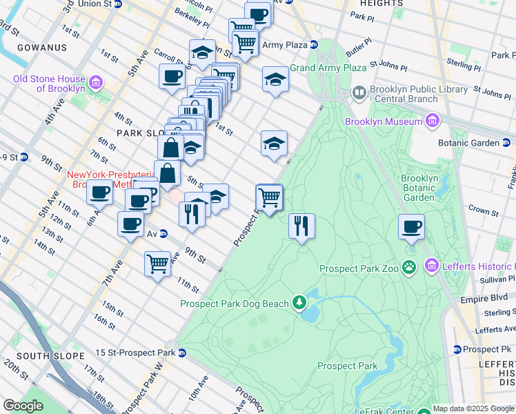 map of restaurants, bars, coffee shops, grocery stores, and more near 75 Prospect Park West in Brooklyn