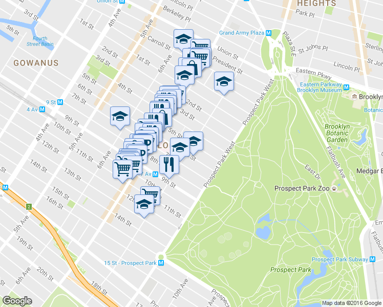 map of restaurants, bars, coffee shops, grocery stores, and more near 550 5th Street in Brooklyn