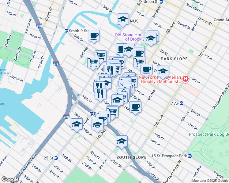 map of restaurants, bars, coffee shops, grocery stores, and more near 221 12th Street in Brooklyn