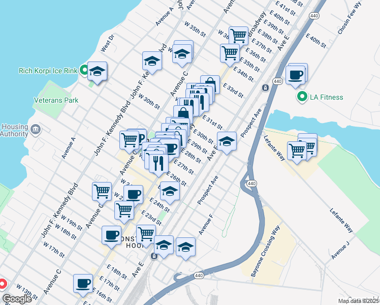 map of restaurants, bars, coffee shops, grocery stores, and more near 24 East 29th Street in Bayonne