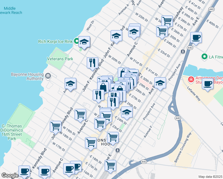 map of restaurants, bars, coffee shops, grocery stores, and more near in Bayonne