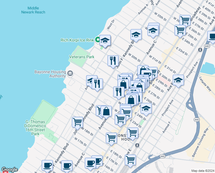 map of restaurants, bars, coffee shops, grocery stores, and more near 654 John F. Kennedy Boulevard in Bayonne