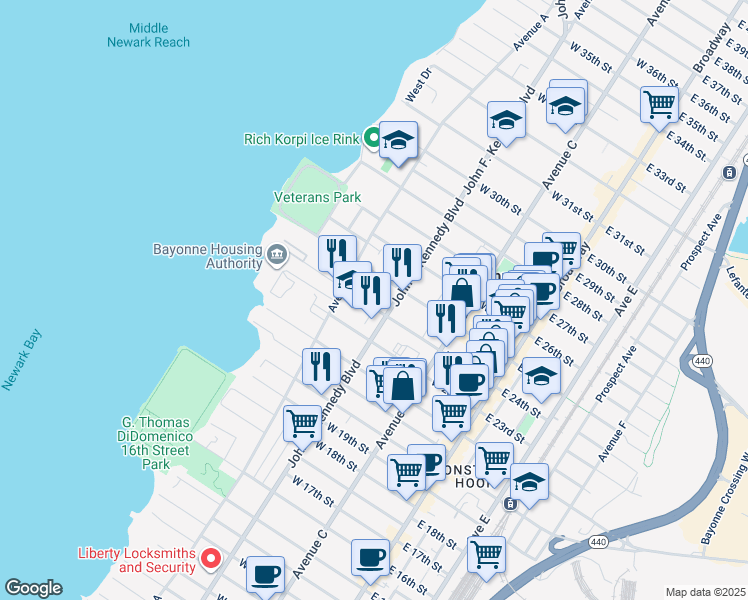 map of restaurants, bars, coffee shops, grocery stores, and more near 124 West 25th Street in Bayonne