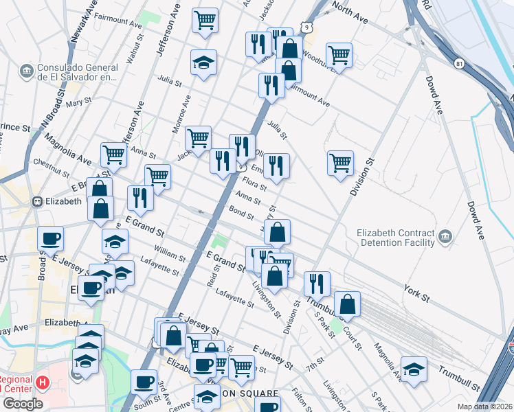 map of restaurants, bars, coffee shops, grocery stores, and more near 937 Anna Street in Elizabeth