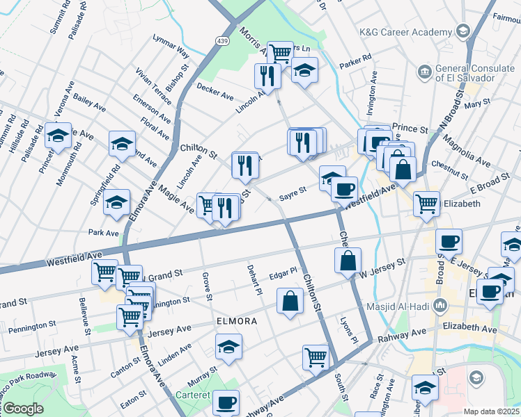 map of restaurants, bars, coffee shops, grocery stores, and more near 338 Chilton Street in Elizabeth