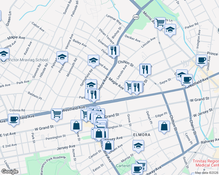 map of restaurants, bars, coffee shops, grocery stores, and more near 534 Magie Avenue in Elizabeth
