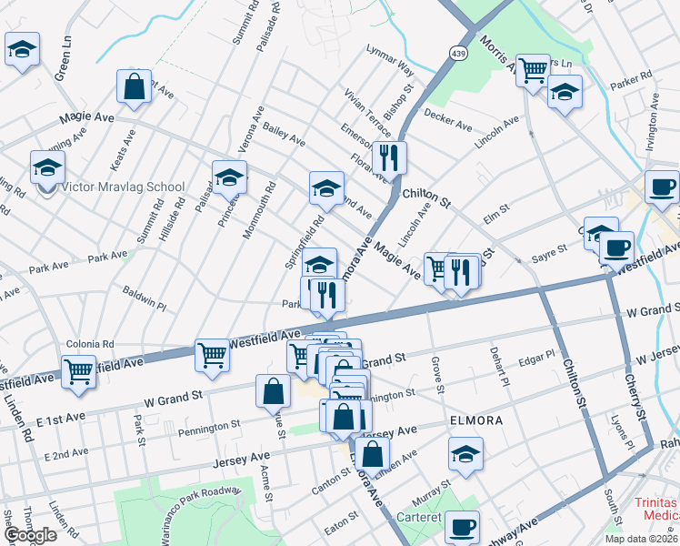 map of restaurants, bars, coffee shops, grocery stores, and more near 358 Elmora Avenue in Elizabeth