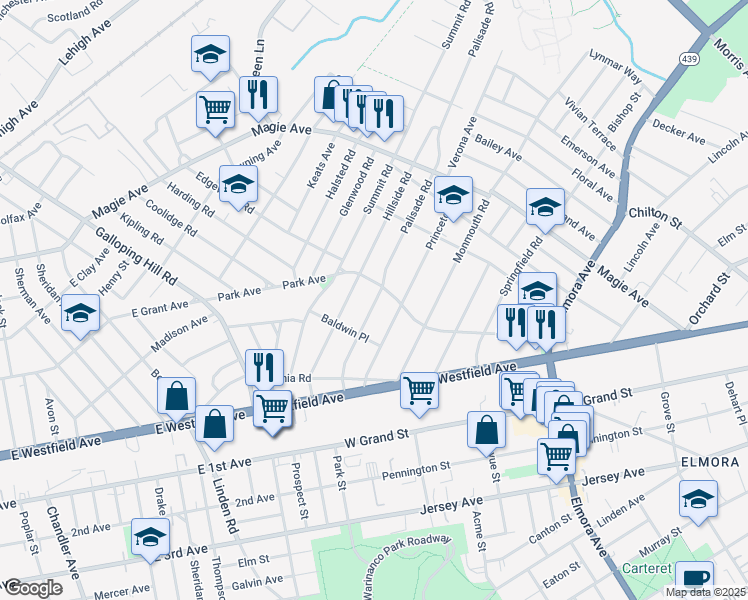 map of restaurants, bars, coffee shops, grocery stores, and more near 85 Hillside Road in Elizabeth