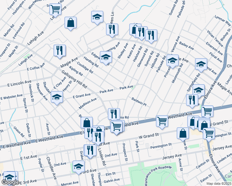 map of restaurants, bars, coffee shops, grocery stores, and more near 930 Park Avenue in Elizabeth