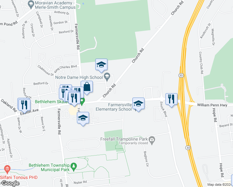 map of restaurants, bars, coffee shops, grocery stores, and more near 3410 Church Road in Easton
