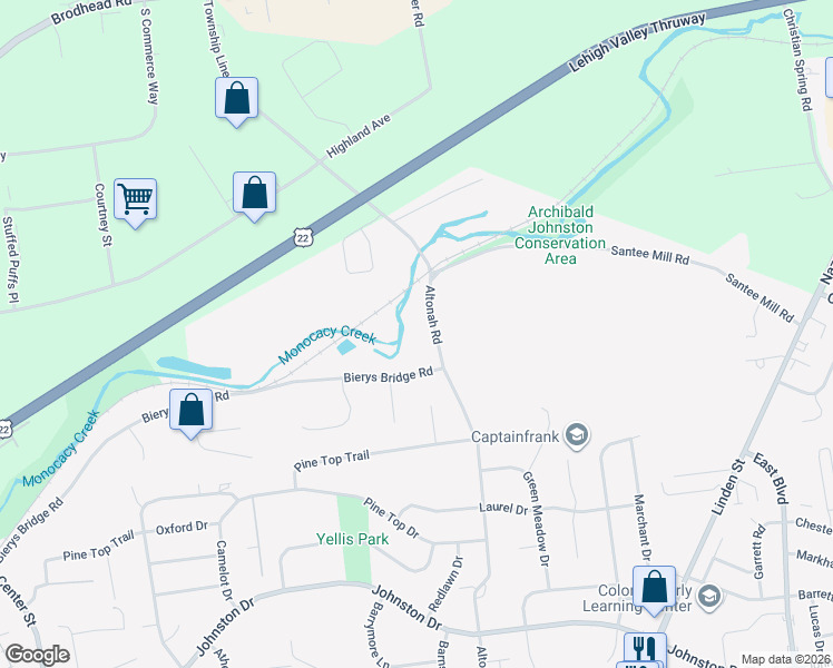 map of restaurants, bars, coffee shops, grocery stores, and more near 3555 Altonah Road in Bethlehem