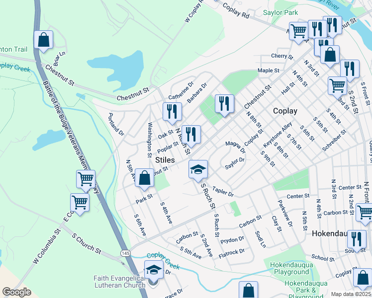 map of restaurants, bars, coffee shops, grocery stores, and more near 1205 Poplar Street in Coplay