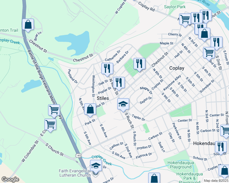 map of restaurants, bars, coffee shops, grocery stores, and more near 1205 Poplar Street in Coplay