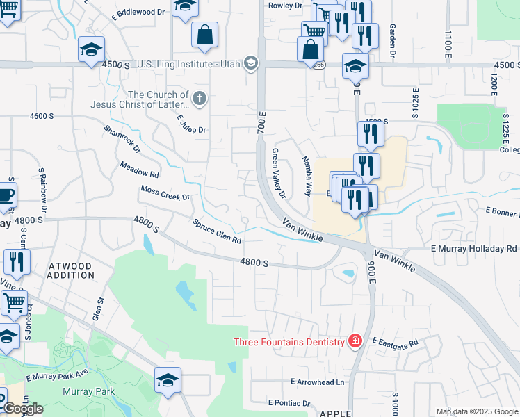 map of restaurants, bars, coffee shops, grocery stores, and more near 4742 South 700 East in Murray