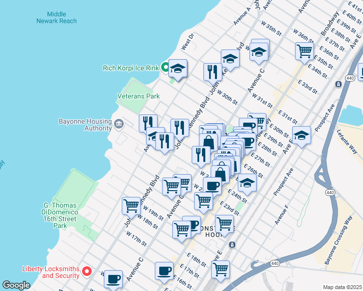 map of restaurants, bars, coffee shops, grocery stores, and more near 654 John F. Kennedy Boulevard in Bayonne