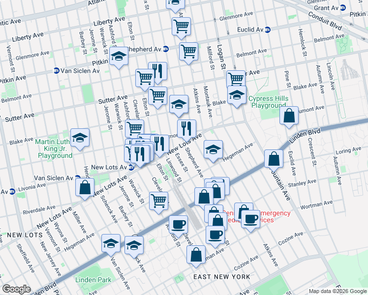 map of restaurants, bars, coffee shops, grocery stores, and more near 660 Shepherd Avenue in Brooklyn