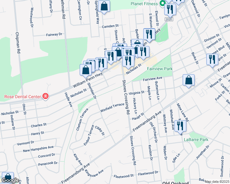 map of restaurants, bars, coffee shops, grocery stores, and more near 13 Winfield Court in Easton
