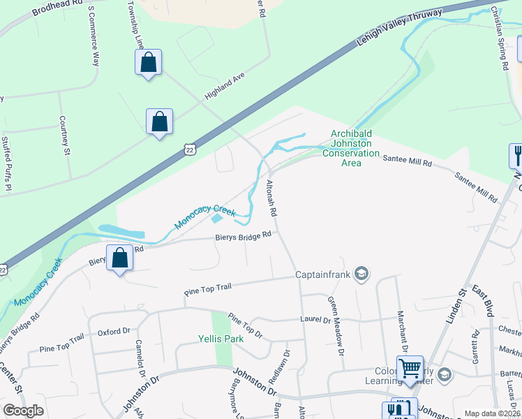map of restaurants, bars, coffee shops, grocery stores, and more near 3555 Altonah Road in Bethlehem