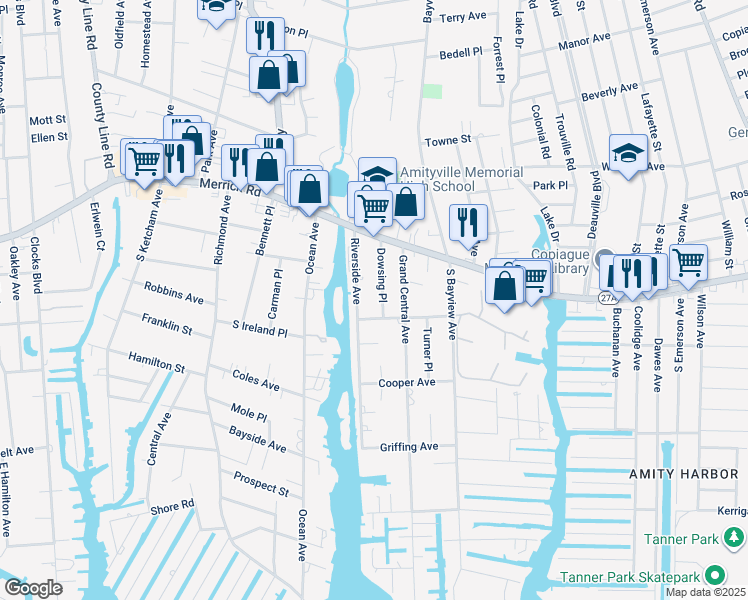map of restaurants, bars, coffee shops, grocery stores, and more near in Amityville