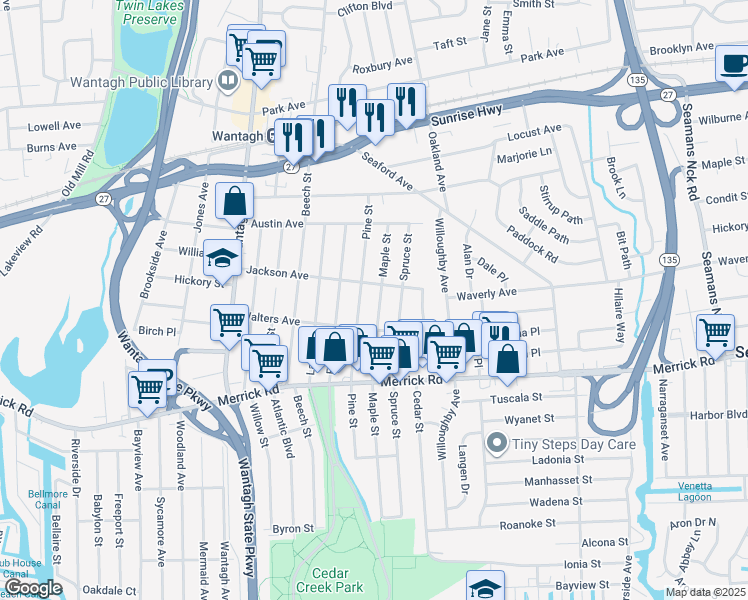 map of restaurants, bars, coffee shops, grocery stores, and more near 3400 Jackson Avenue in Wantagh