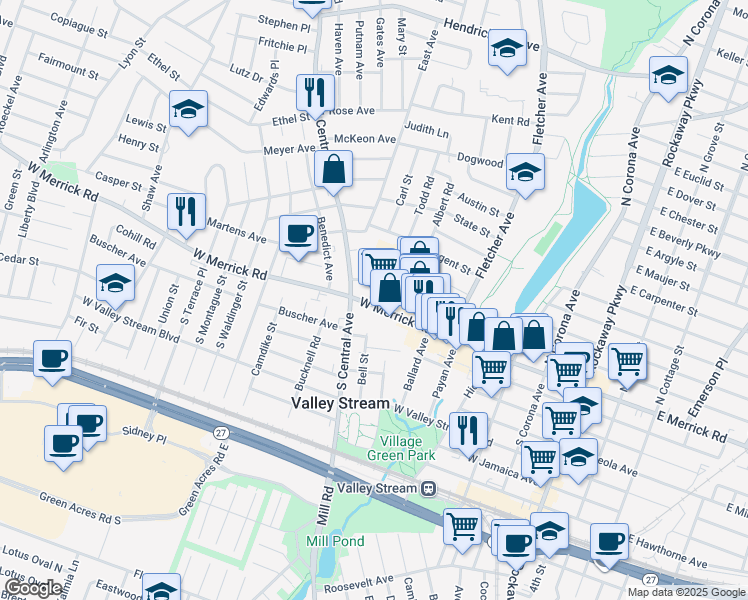 map of restaurants, bars, coffee shops, grocery stores, and more near 19 Hancock Place in Valley Stream