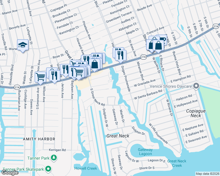 map of restaurants, bars, coffee shops, grocery stores, and more near 85 Schmeelk Place in Copiague