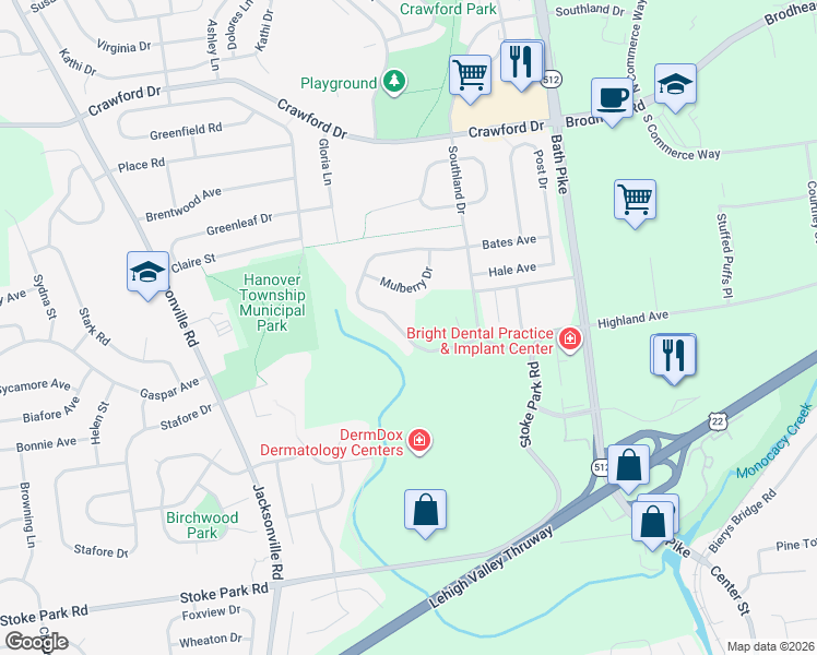 map of restaurants, bars, coffee shops, grocery stores, and more near 5312 Greenbriar Drive in Bethlehem