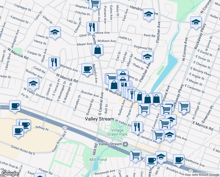 map of restaurants, bars, coffee shops, grocery stores, and more near 19 Hancock Place in Valley Stream
