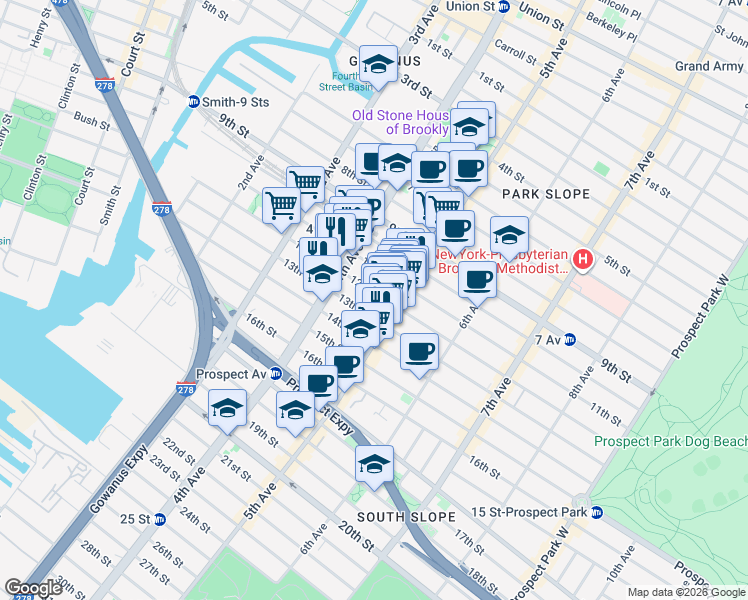 map of restaurants, bars, coffee shops, grocery stores, and more near 260 12th Street in Brooklyn
