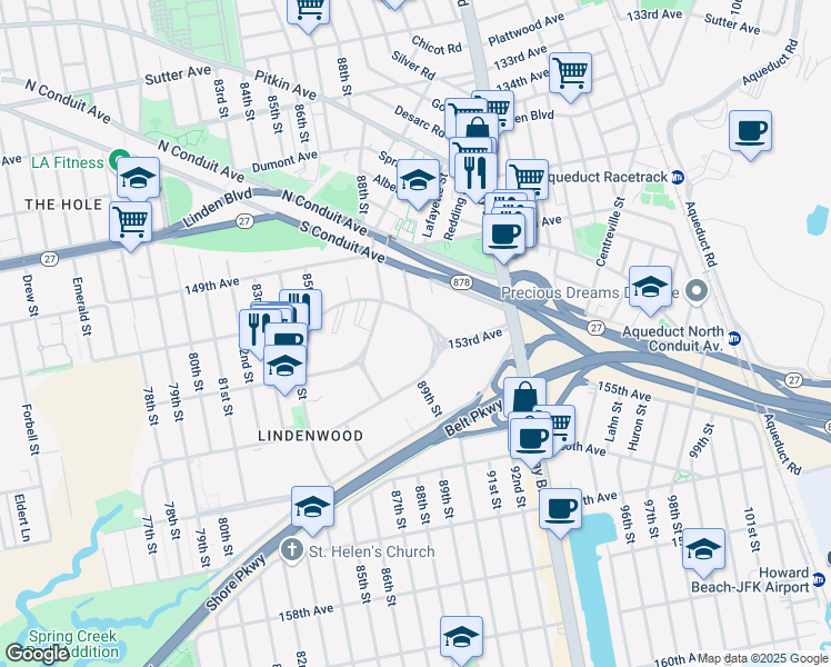 map of restaurants, bars, coffee shops, grocery stores, and more near 89-40 151st Avenue in Queens