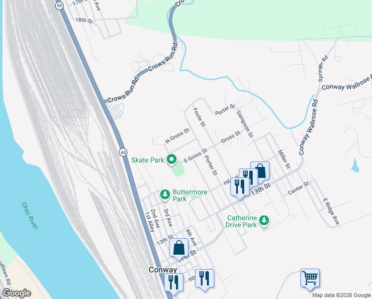 map of restaurants, bars, coffee shops, grocery stores, and more near 1612 Porter Street in Conway