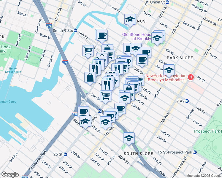 map of restaurants, bars, coffee shops, grocery stores, and more near 163A 14th Street in Brooklyn