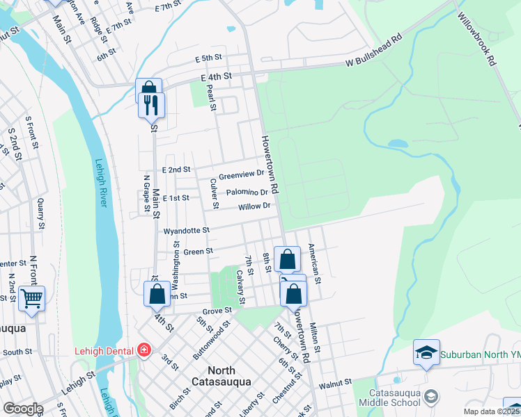 map of restaurants, bars, coffee shops, grocery stores, and more near 801 Willow Drive in Catasauqua