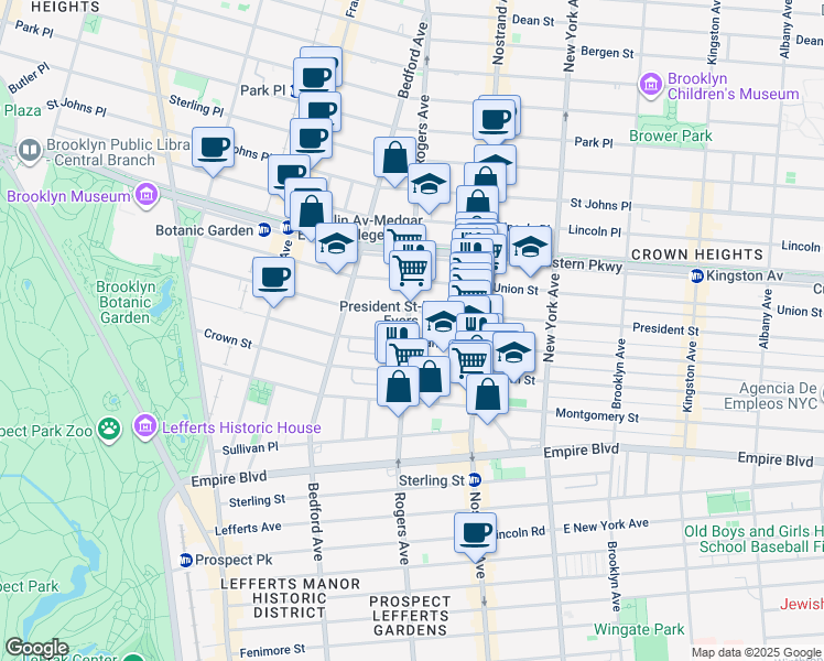 map of restaurants, bars, coffee shops, grocery stores, and more near 259 Rogers Avenue in Brooklyn