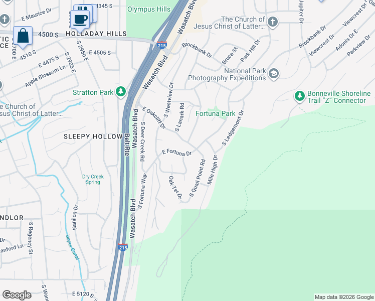 map of restaurants, bars, coffee shops, grocery stores, and more near 3325 East Fortuna Drive in Salt Lake City