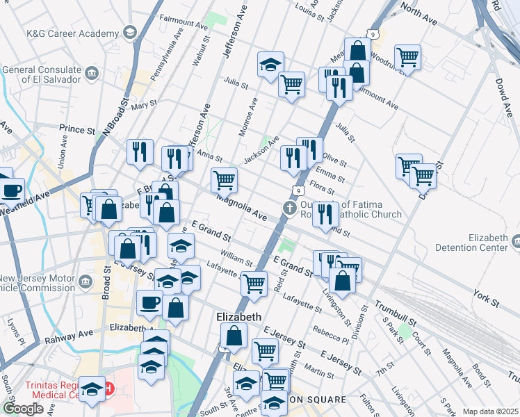 map of restaurants, bars, coffee shops, grocery stores, and more near 1031 Magnolia Avenue in Elizabeth