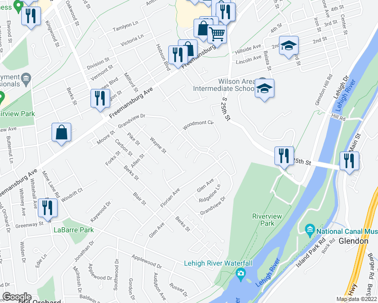 map of restaurants, bars, coffee shops, grocery stores, and more near Pink Rose Lane in Easton