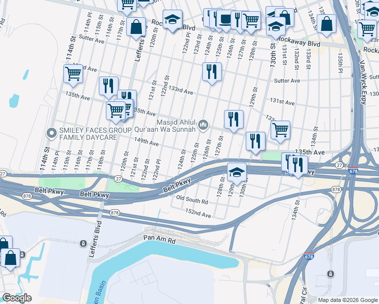 map of restaurants, bars, coffee shops, grocery stores, and more near 135-48 125th Street in Queens